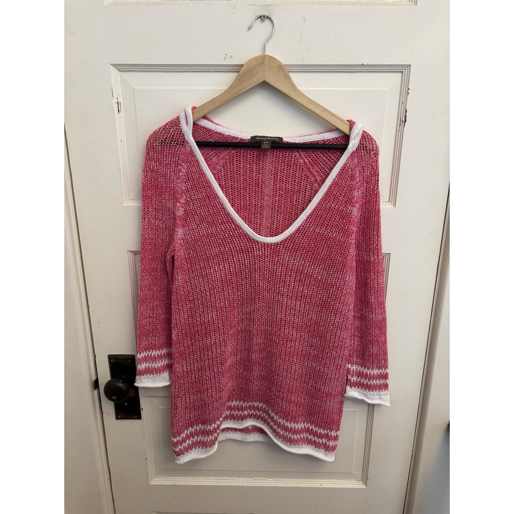 Tommy Bahama Pink Linen Cotton Blend Open Knit Hooded 3/4 Sleeve Sweater Small